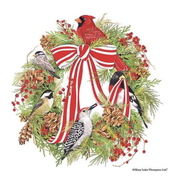 Winter Birds & Pine Wreath Pillow 18" x 18"