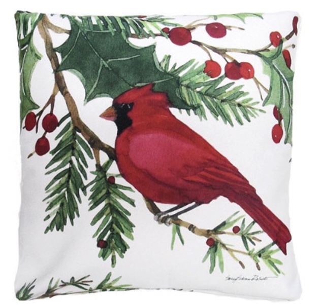 Cardinal on Holly Branch Pillow 18" x 18"