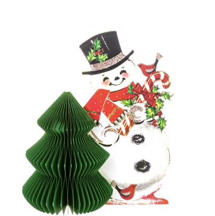 Vintage Honeycomb Snowman with Tree Decoration 8"H