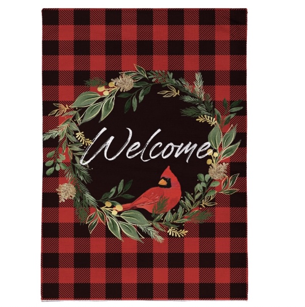 Welcome Cardinal Sitting on Wreath Mini Flag