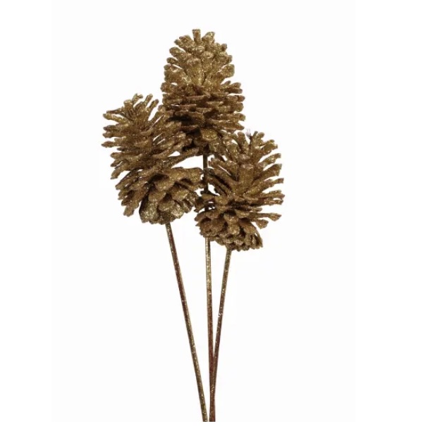 Gold Glitter Large Pine Cones  3 Stems