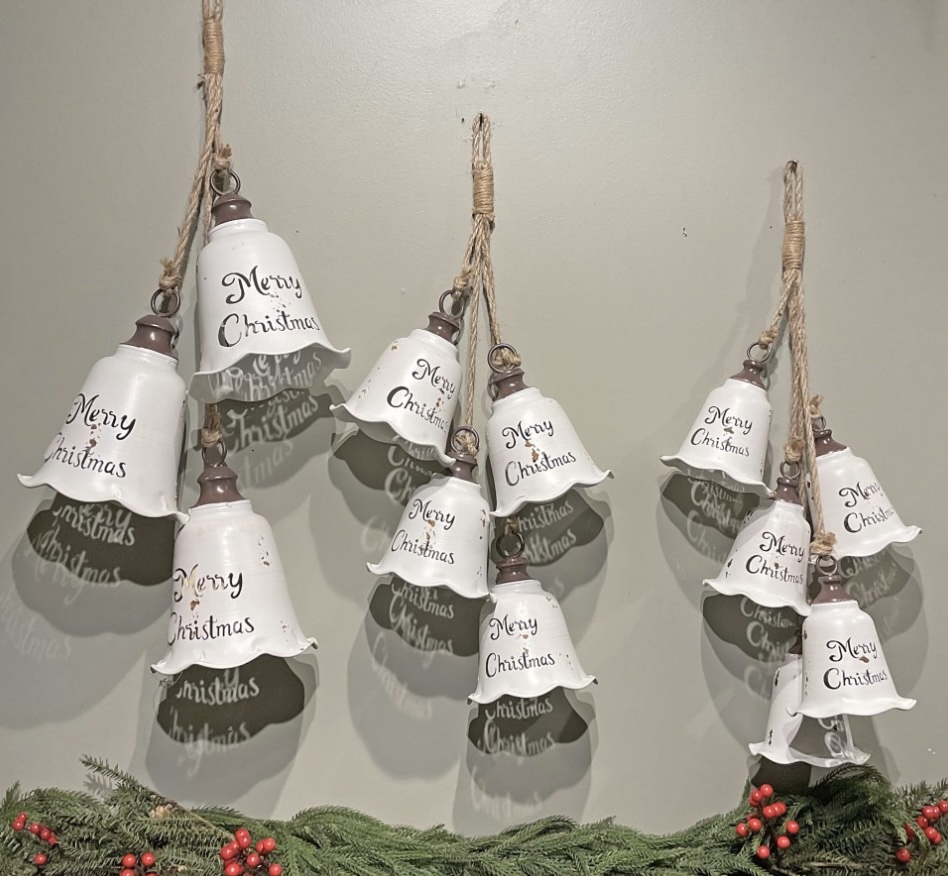 Five Small Hanging White Metal Bells