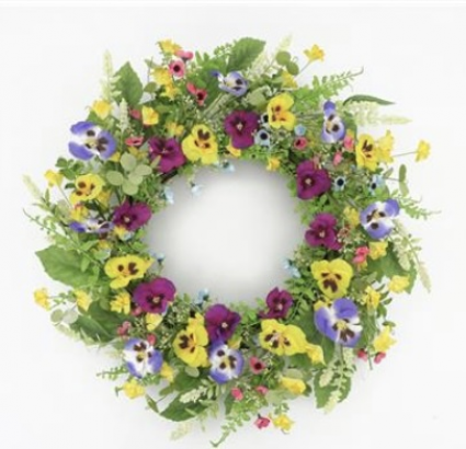 Yellow, Purple & Blue Pansy Wreath 22"