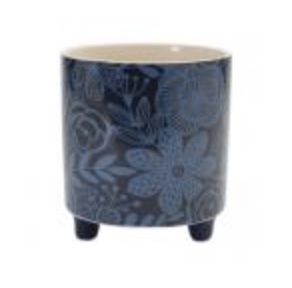 Dark Blue Floral Ceramic Pot � 5.5" D x 6" H