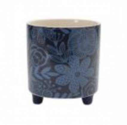 Dark Blue Floral Ceramic Pot � 5.5" D x 6" H