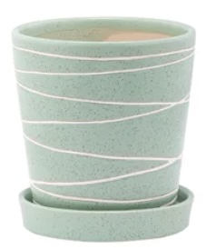 Green White Lines Pot with Saucer 4"