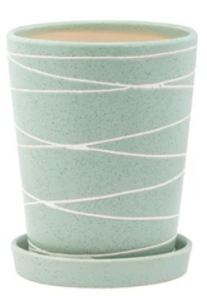 Green White Lines Pot with Saucer � 5"