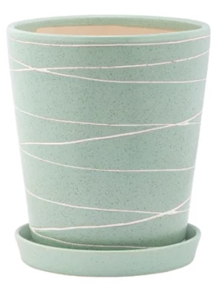 Green White Lines Pot with Saucer � 6.5"