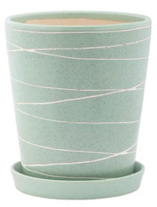 Green White Lines Pot with Saucer � 6.5"