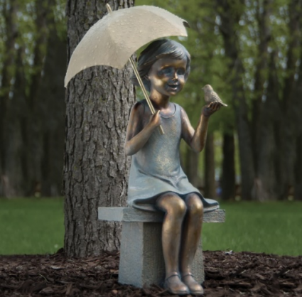Girl with Umbrella & Bird Garden Statue