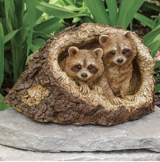 Raccoon Pair in Tree Trunk Garden Statue