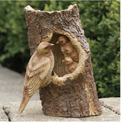 Mother Robin & Babies in Tree Trunk Garden Statue
