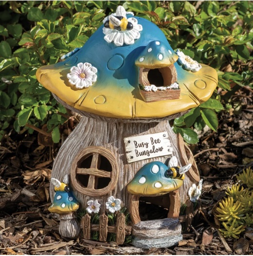 Busy Bee Bungalow Mushroom House Garden Statue 8.75"