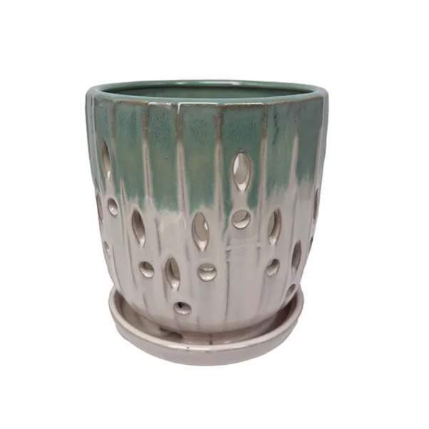 Calanth Orchid Pot � Glacial Green & Cotton 7.5" 