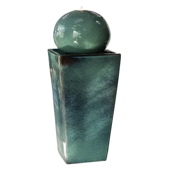 Tall Tapered Square Fountain with Ball � Blue Green