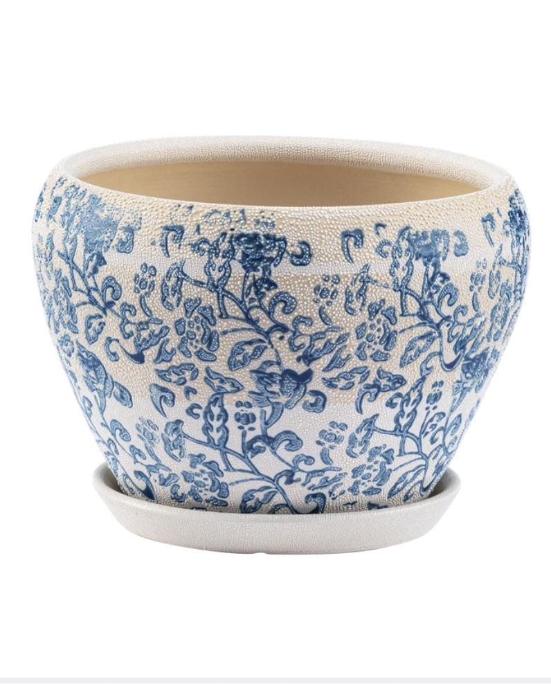 Large Blue & White Chintz Planter with Saucer 8.25"