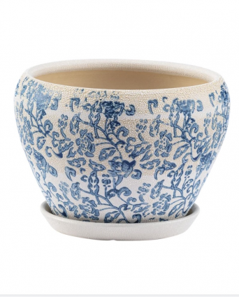 Large Blue & White Chintz Planter with Saucer 8.25"