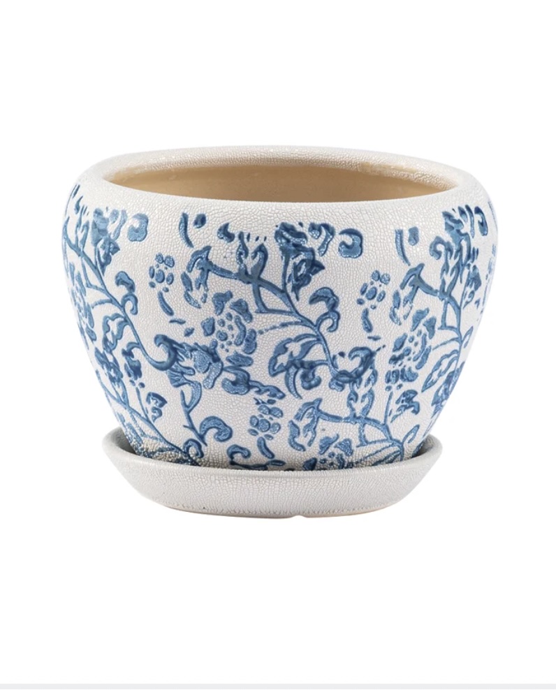 Blue & White Chintz Planter with Saucer 5"