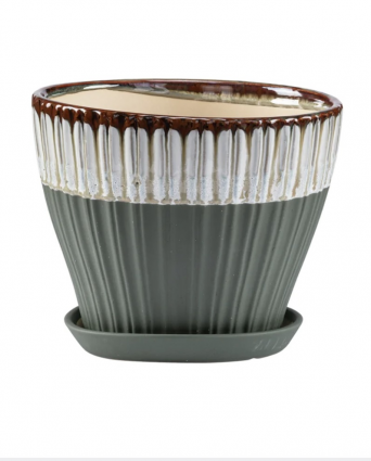 Large Green White Glaze Planter with Saucer 9"