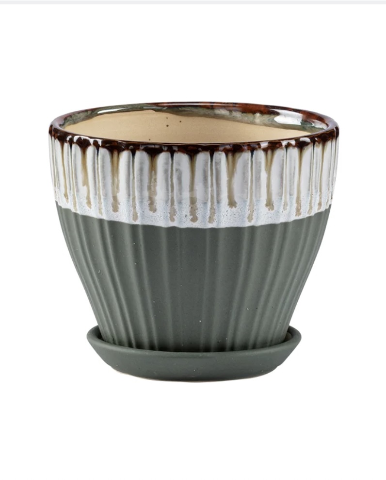 Green & White Glaze Planter with Saucer 5.75"