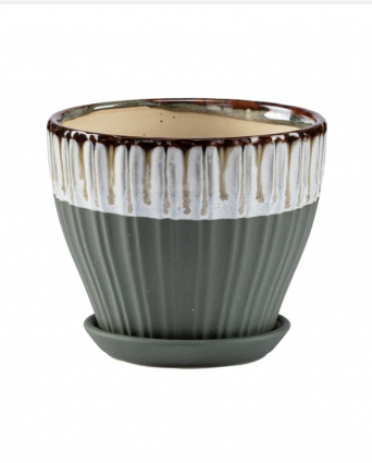 Green & White Glaze Planter with Saucer 5.75"