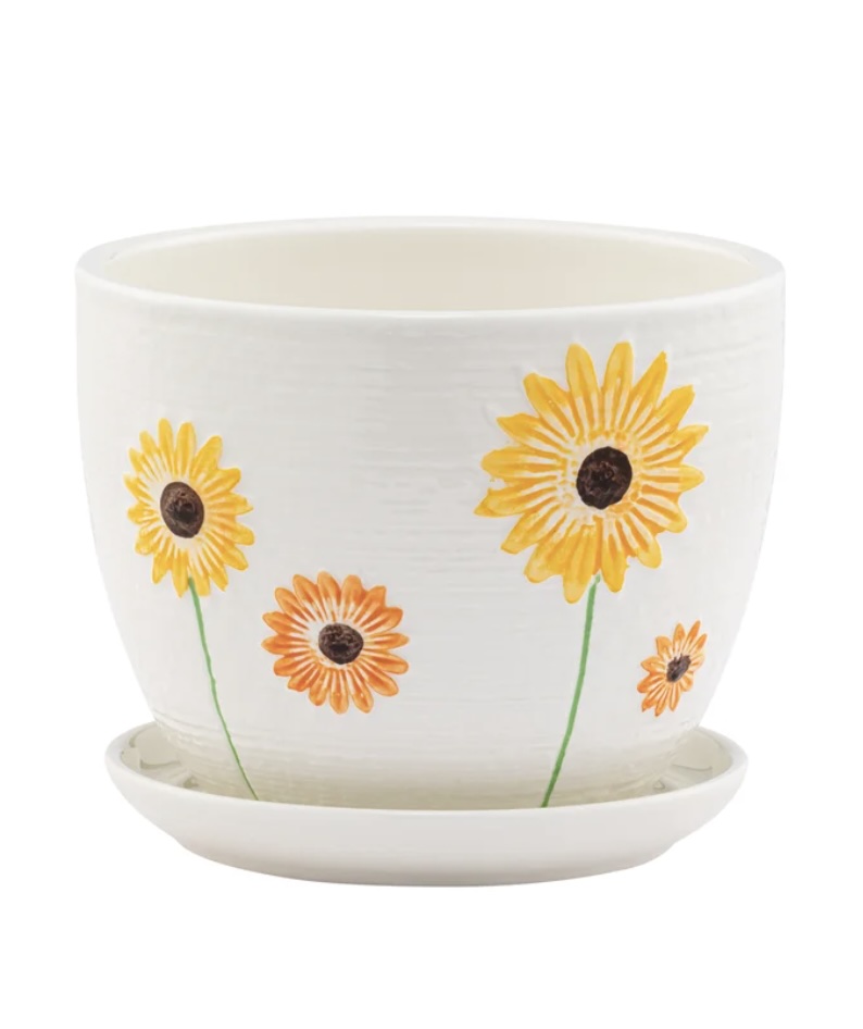 White Sunflower Planter with Saucer 8"