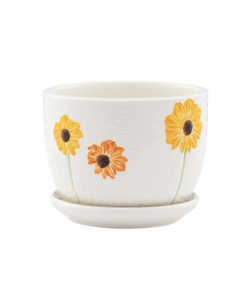 Small White Sunflower Planter with Saucer 5"