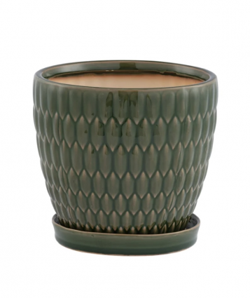 Large Green Embossed Ovals Planter with Saucer 7.25"