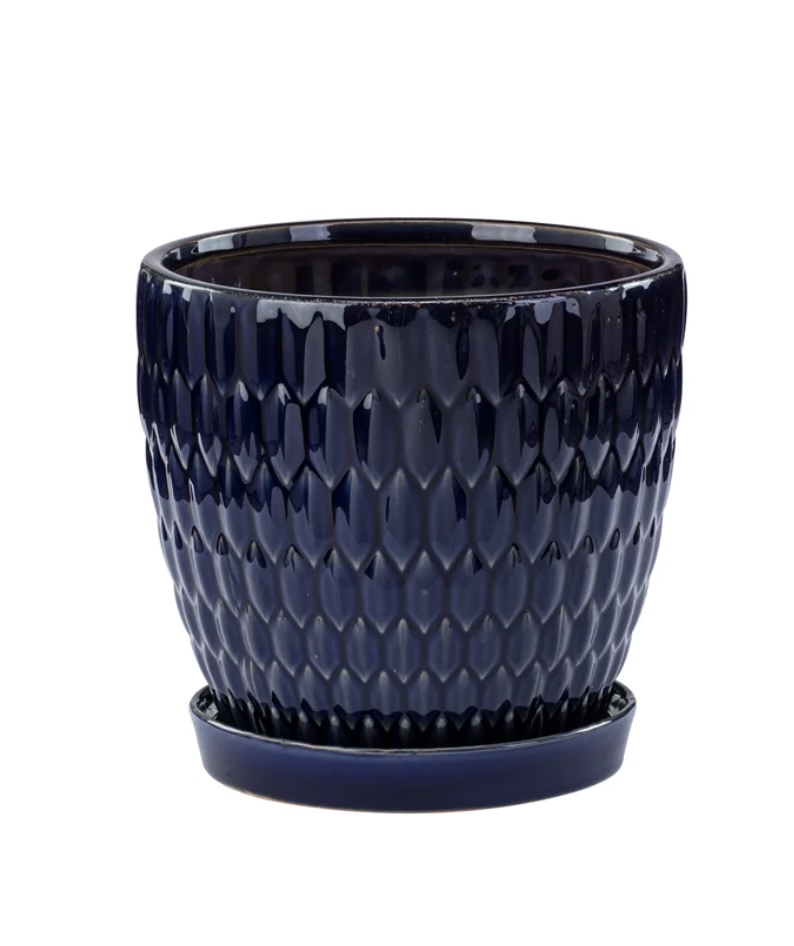 Large Royal Blue Embossed Ovals Planter with Saucer 7"