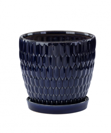 Large Royal Blue Embossed Ovals Planter with Saucer 7"