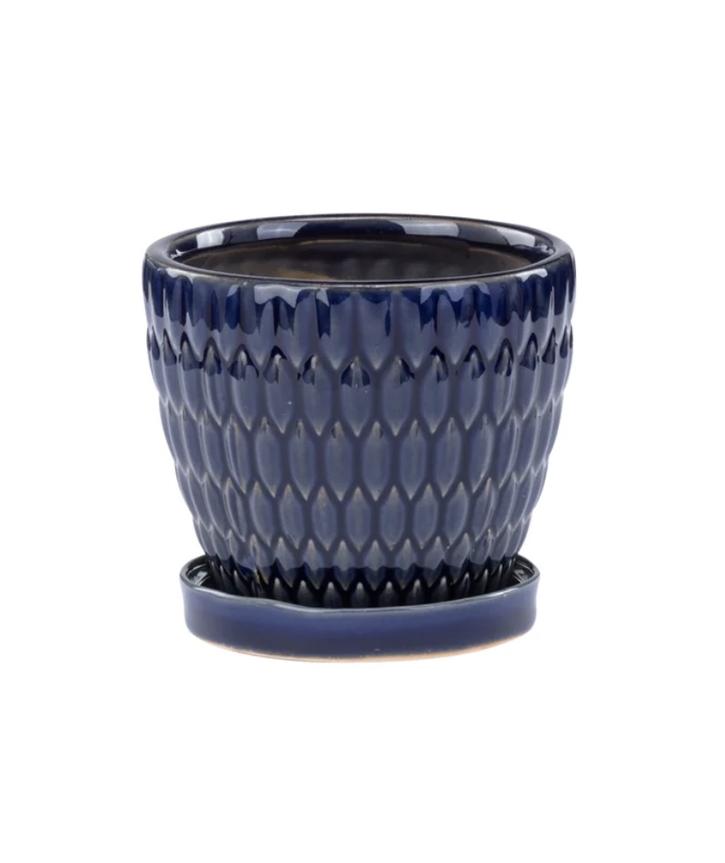 Royal Blue Embossed Ovals Planter with Saucer 4.5"