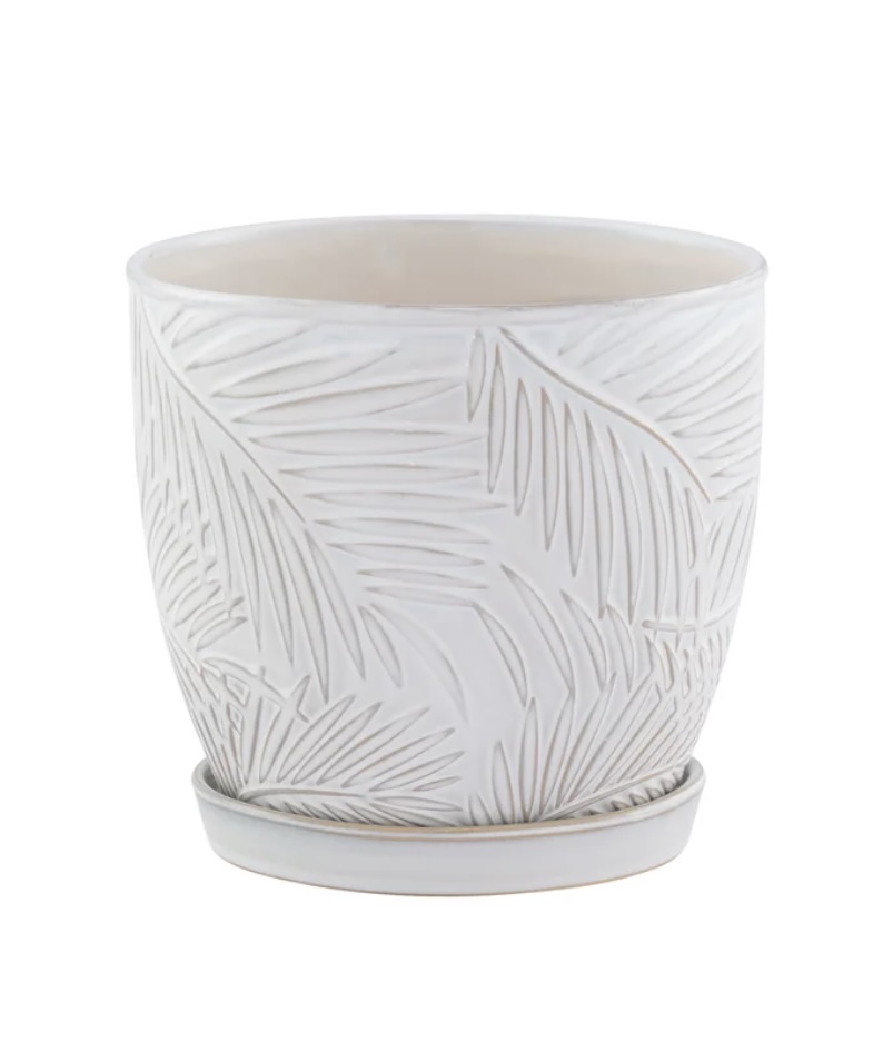 Large White Palm Leaves Planter with Saucer 7.25"