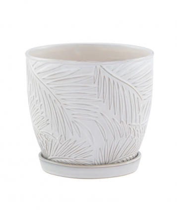 Large White Palm Leaves Planter with Saucer 7.25"