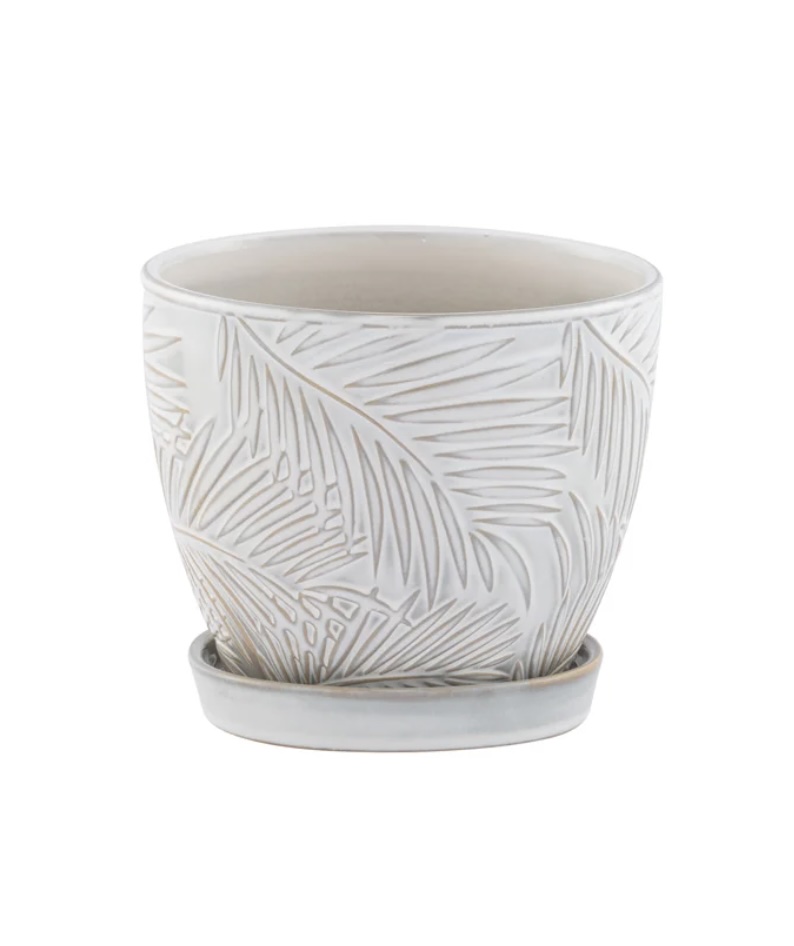 White Palm Leaves Planter with Saucer 6"