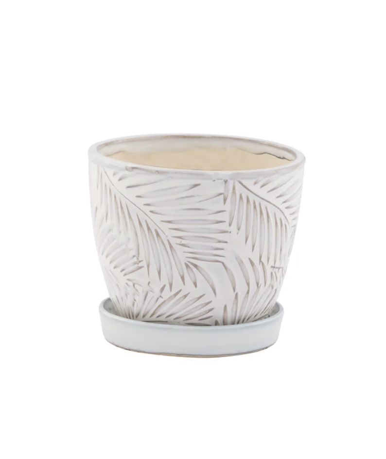 White Palm Leaves Planter with Saucer 4.5"