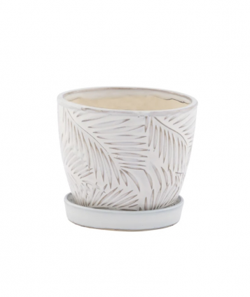 White Palm Leaves Planter with Saucer 4.5"