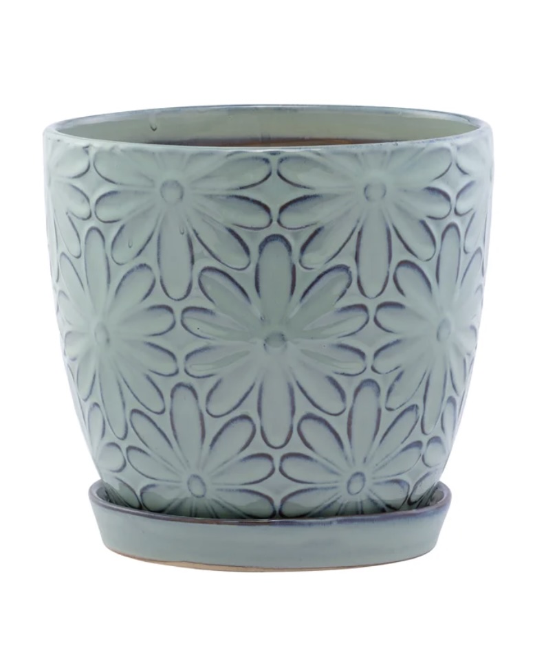 Large Blue Big Daisy Planter with Saucer 7.25"