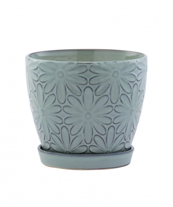 Blue Big Daisy Planter with Saucer 6.5"