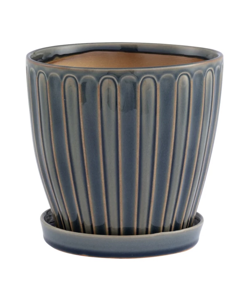Large Blue/Gray Ribbed Planter with Saucer 7.5"