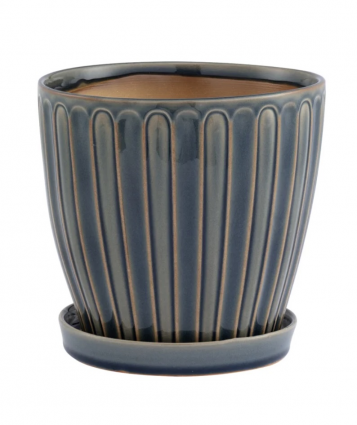 Large Blue/Gray Ribbed Planter with Saucer 7.5"