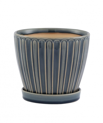 Blue/Gray Ribbed Planter with Saucer 6.5"