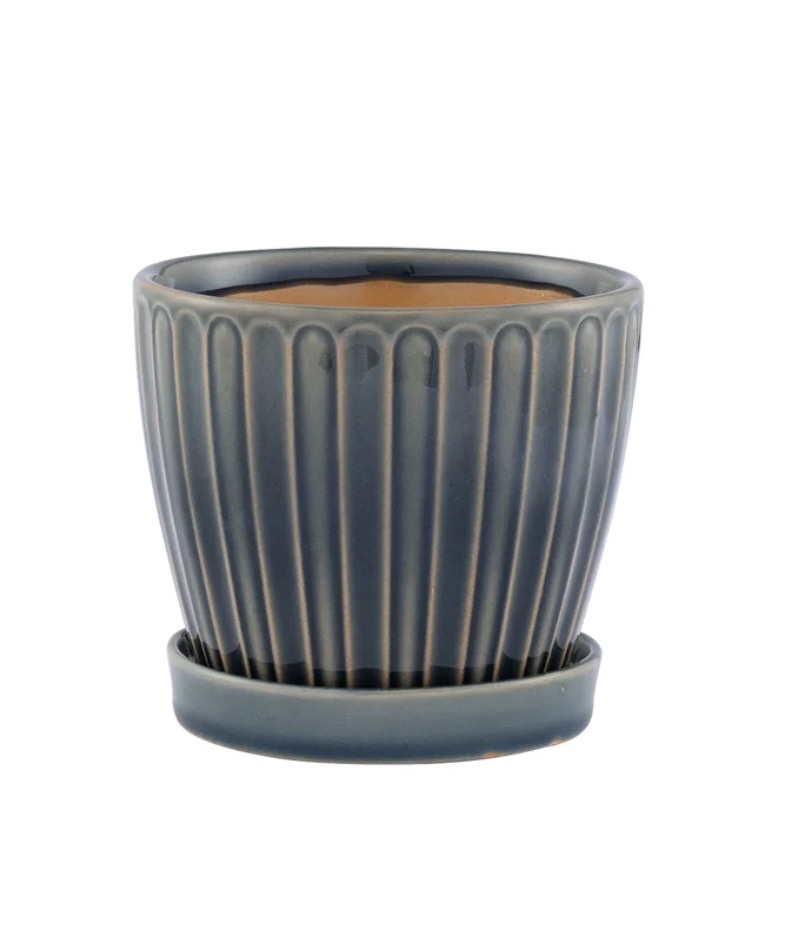 Blue/Gray Ribbed Planter with Saucer 5"