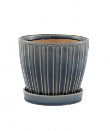 Blue/Gray Ribbed Planter with Saucer 5"