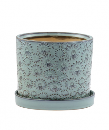 Light Green Embossed Floral Planter with Saucer 6.25"