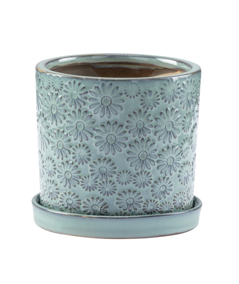 Light Green Embossed Floral Planter with Saucer 4.75"