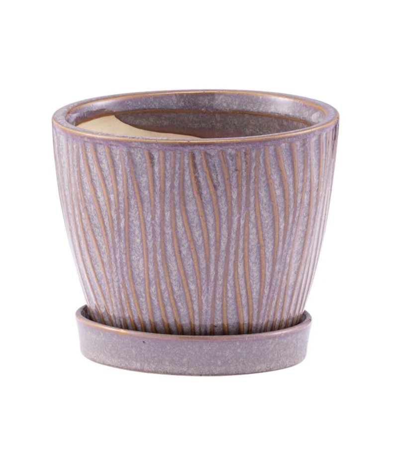 Brown Swirl Lines Planter with Saucer 4.75"