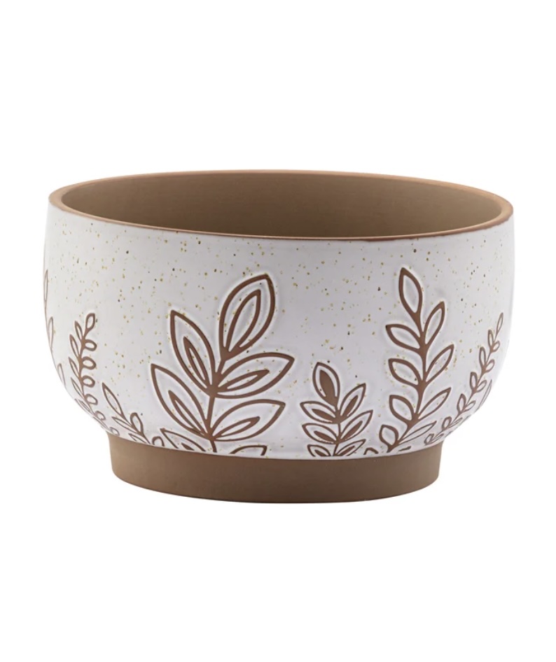 White & Brown Fern Bowl Planter 9.25"