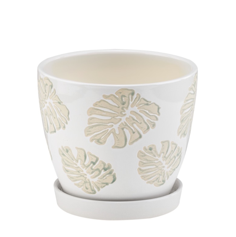 Mint & White Monstera Pot 6"