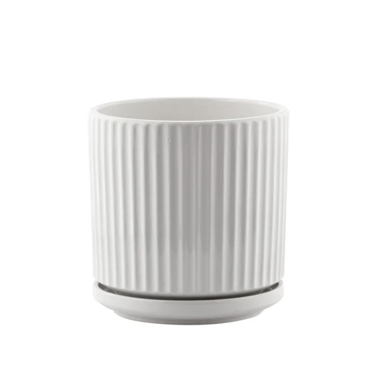Small White Ridge Pot with Saucer, 5" 