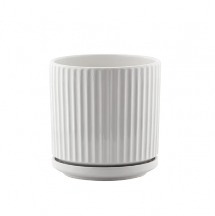 Small White Ridge Pot with Saucer, 5" 